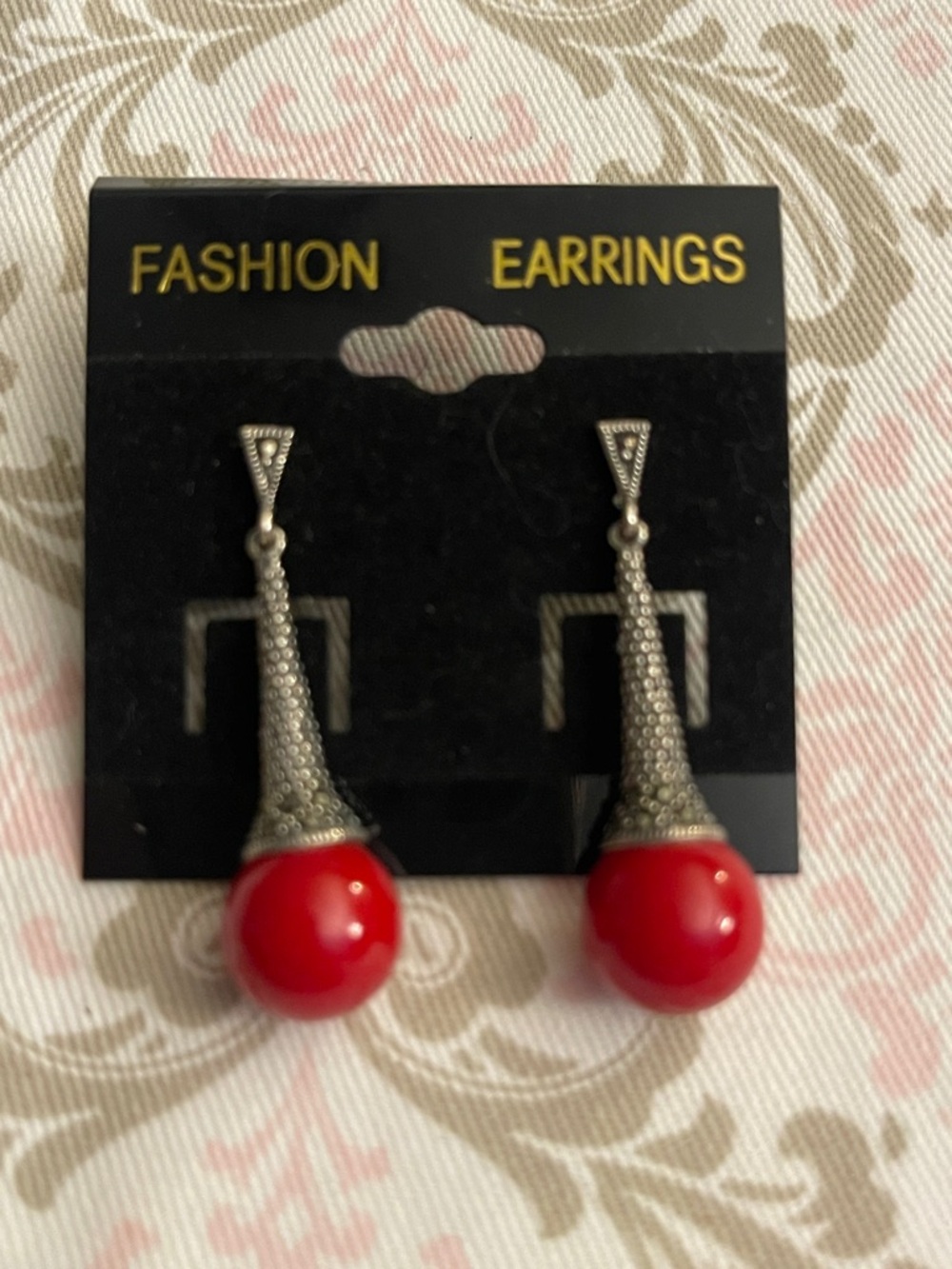 Sterling silver Red Drop Earrings with Vintage Silver-Tone Detail